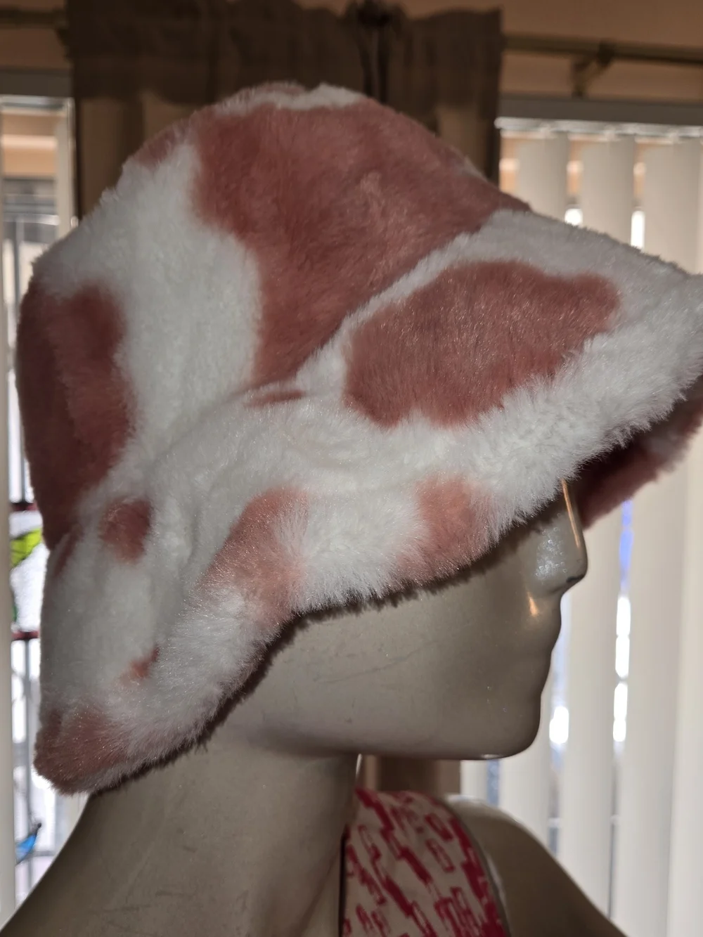 Pink White Cow Print Faux Fur Bucket Hat Plush Y2K Festival